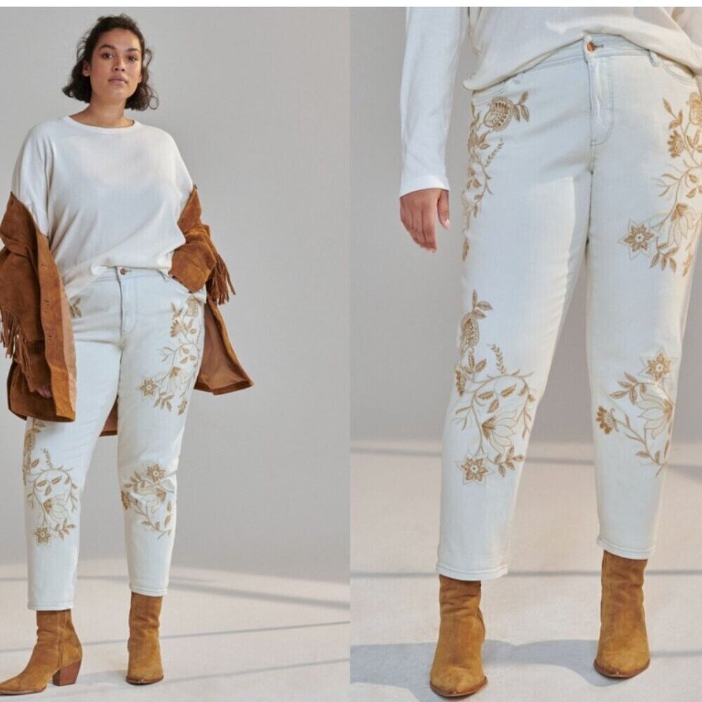 PILCRO Womens‎ Jeans 26 TALL Slim Boyfriend Cream Embroidered Floral Pants NEW